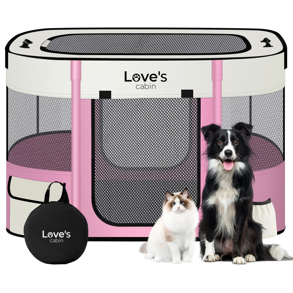 Love's cabin pet playpen folded compact for easy travel and storage