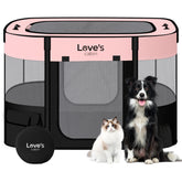 Love's cabin pink folded playpen shows portable storage and travel-ready design.