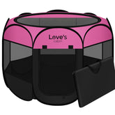 Love's cabin pet playpen pink front view shows portable indoor/outdoor use.
