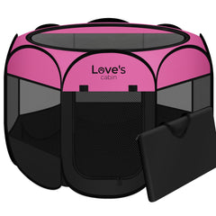 Love's cabin pet playpen pink front view shows portable indoor/outdoor use.