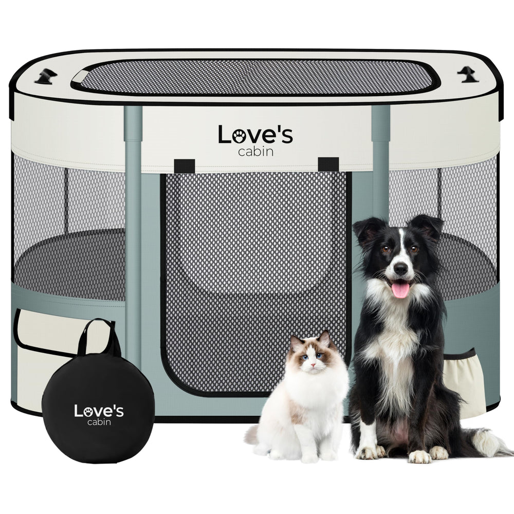 Love's cabin puppy playpen setup demonstrates quick assembly for travel-friendly containment.