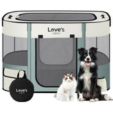 Love's cabin puppy playpen setup demonstrates quick assembly for travel-friendly containment.