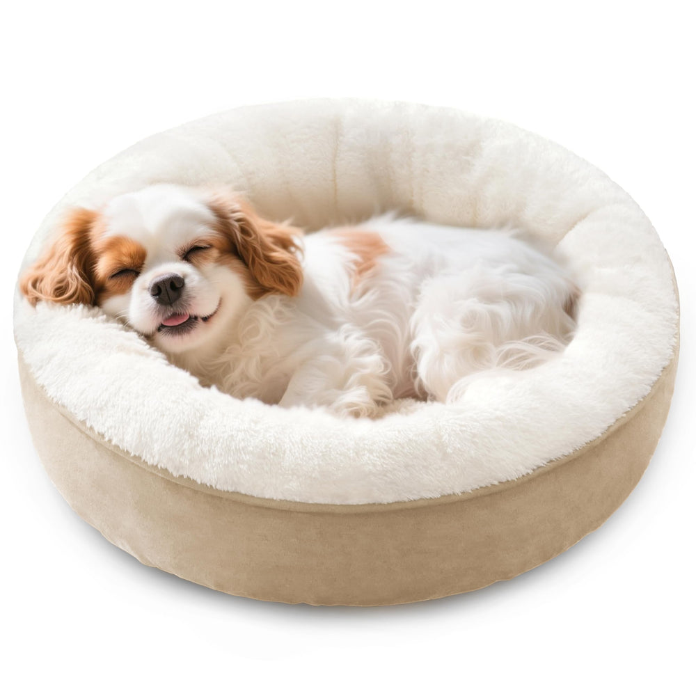 Love's cabin round donut bed camel outer view for cozy warmth and security.