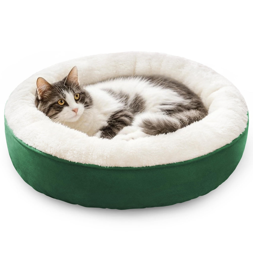 Love's cabin round donut bed fabric close-up shows ultra-soft material for cozy naps