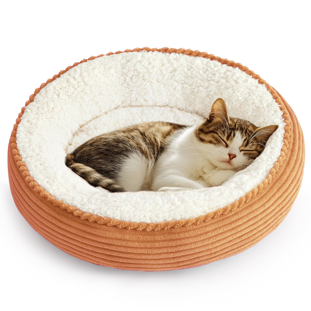 Love's cabin round donut bed front view shows cozy nest-like walls for small pets