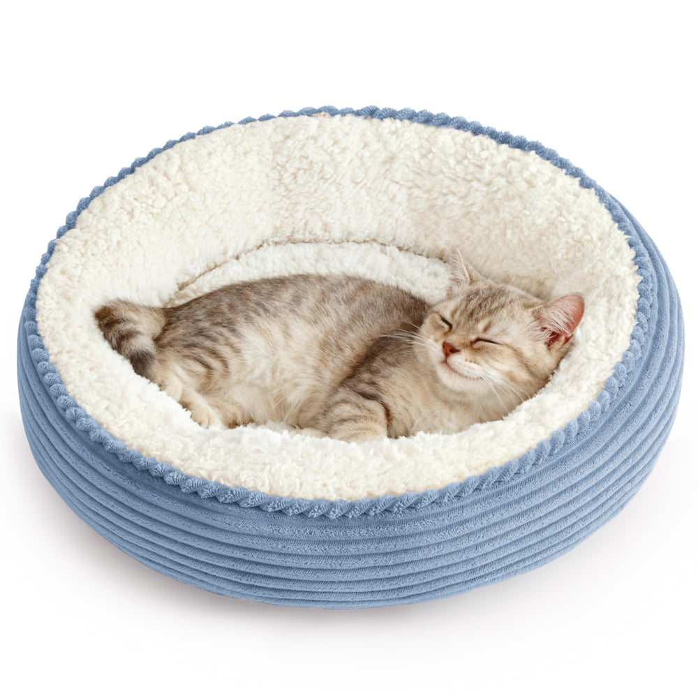 Love's cabin round donut bed front view showing cozy nest walls for secure lounging.