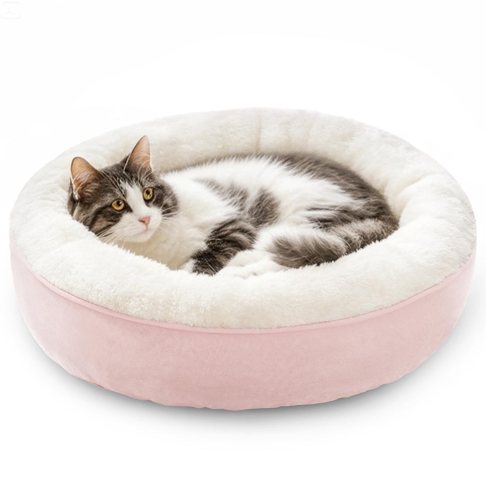 Love's cabin Round Donut Bed pink front view showcases cozy nest design for pets.