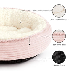 Love's cabin round donut bed pink stripe closeup reveals ultra-soft filling for soothing comfort.
