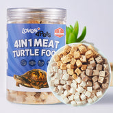 Loves4Pets freeze-dried turtle food pellets with chicken, duck, salmon, beef for balanced nutrition.