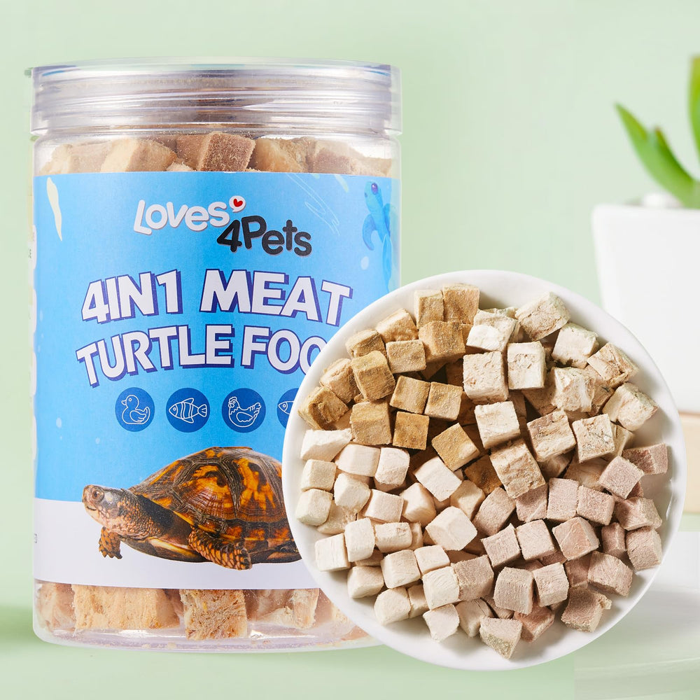 Loves4Pets Turtle Food 4-in-1 protein blend supports healthy growth for aquatic and box turtles.