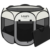 Love's cabin pet playpen circle 8-panel design provides secure indoor play.