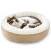 Love's cabin round donut bed camel side view shows cozy cocoon for small pets.