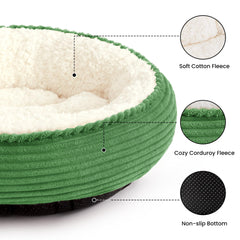 Love's cabin round donut bed green stripe side view highlights raised rim support