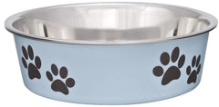 Loving Pets Bella Bowls Murano Blue with no-tip design keeps meals in place for small dogs and cats.