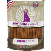 Loving Pets Natural Value duck sticks resealable bag keeps treats fresh for convenient snacking.