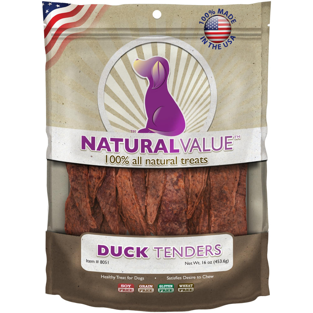 Loving Pets Natural Value duck tenders packaging US-made, tasty soft chews ideal for training rewards.