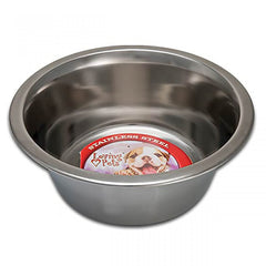 Loving Pets standard stainless dish 3-quart wide shot highlights rust-proof nickel surface for longevity