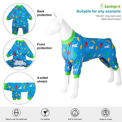 LovinPet blue-dinosaur-print back view offering full coverage and style.
