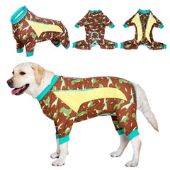 LovinPet XXL green dinosaur recovery suit on a dog, post-surgery protection.