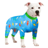 LovinPet post-surgery onesie front view with blue dinosaur print for protection and comfort.