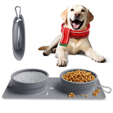 LPFLASAT collapsible dog bowl grey with dual bowls for convenient travel feeding.