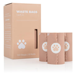 LqdCo bio-based dog poop bags packaging demonstrating eco-friendly 8-roll box for responsible cleanup