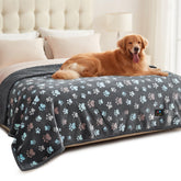 Luciphia waterproof pet blanket on sofa with grey paw design, protecting furniture from spills.
