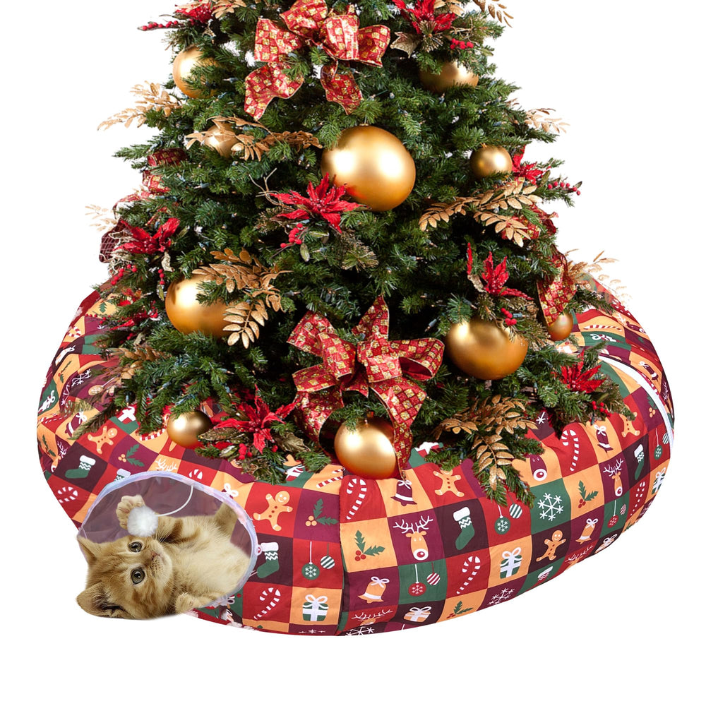 LUCKITTY Cat Tunnel Bed outer view highlights cozy plush fabric and festive red style