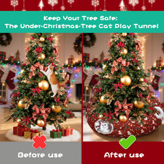 LUCKITTY cat tunnel bed red candy-cane pattern adds holiday charm to any living room corner.