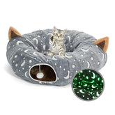 LUCKITTY Cat Tunnel Bed under Christmas Tree glows softly for nighttime exploration