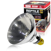 LUCKY HERP 100W UVA UVB Vapor Heat Lamp Bulb glow demonstrates full-spectrum warmth for reptiles.