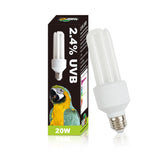 LUCKY HERP UVB bulb glowing in a bird cage enhances natural colors