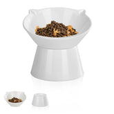 LuckyPots detachable elevated cat bowls front view showing tilt for easier feeding