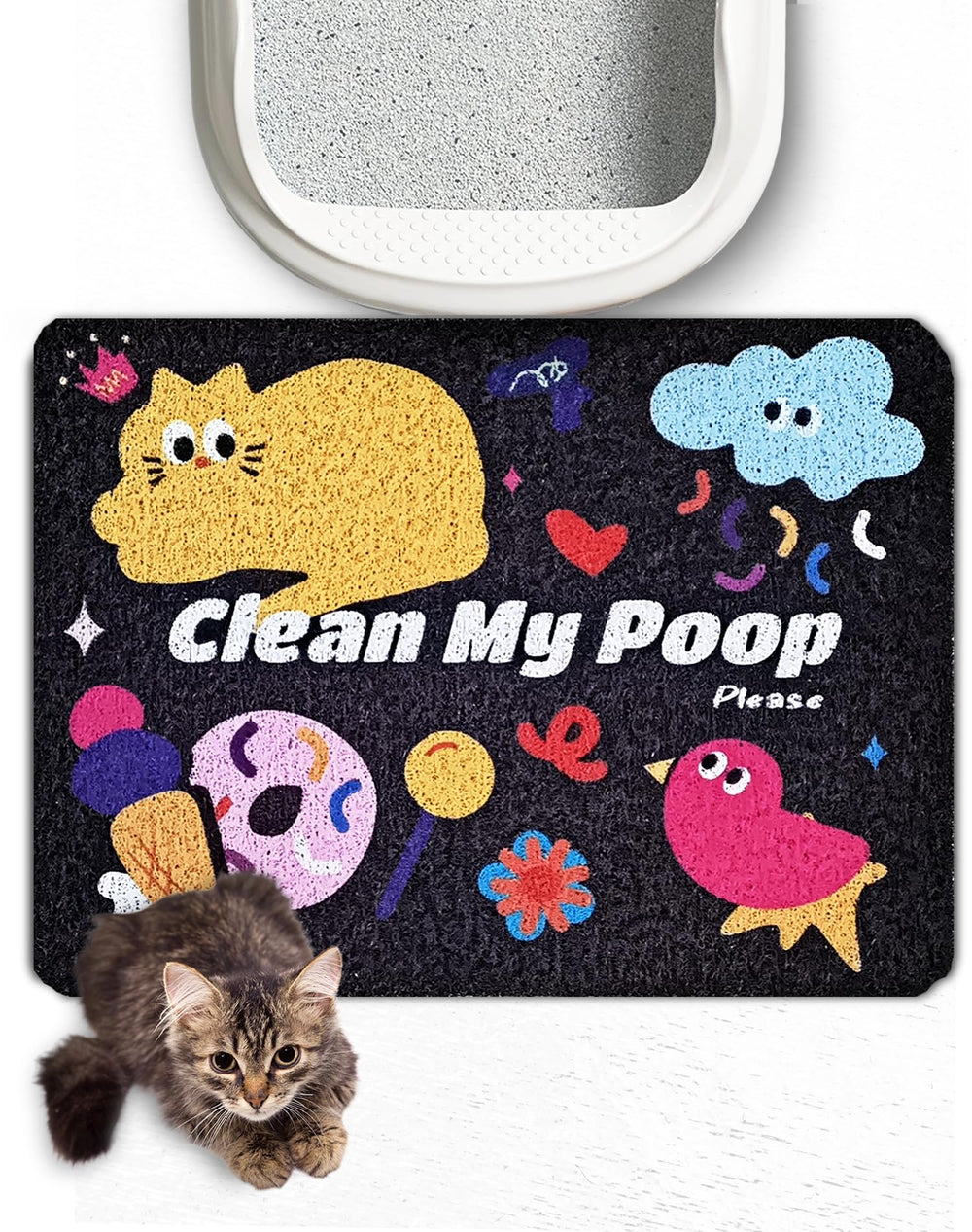 Lukamoo Cute Cat Litter Mat under-scraper captures stray litter for easy cleanup