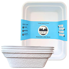Luli & Cat disposable litter box front view shows sturdy large white tray for easy cleaning