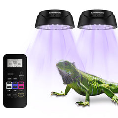LuminPacific LED Reptiles Light with Remote panel showing sunrise/sunset control for reptiles.