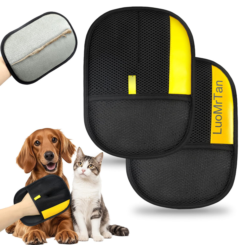 LUOMRTAN pet hair removal gloves pack two for efficient grooming on furniture and fabrics.