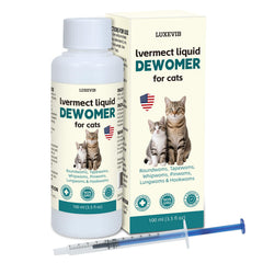 LuxeVib lvermect liquid for cat bottle on counter supporting gentle daily digestive balance.