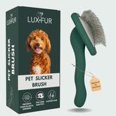LUXFUR Premium dog slicker brush with ergonomic wood handle for comfortable grooming sessions.