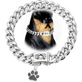 LuxLife Cuban Link 12mm dog collar front view highlights premium stainless steel shine.