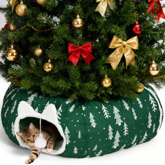 LVUVXVAV cat tunnel bed under Christmas tree with plush balls for cozy holiday play.