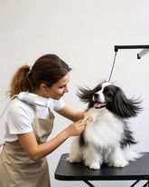 L&W BROS dog dryer neck-strap hands-free setup for comfortable, two-handed pet grooming.