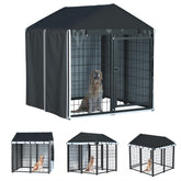 LYBOSH Outdoor Dog Kennel Cover front view with full-coverage protection against wind and rain.