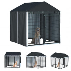 LYBOSH Outdoor Dog Kennel Cover front view with full-coverage protection against wind and rain.