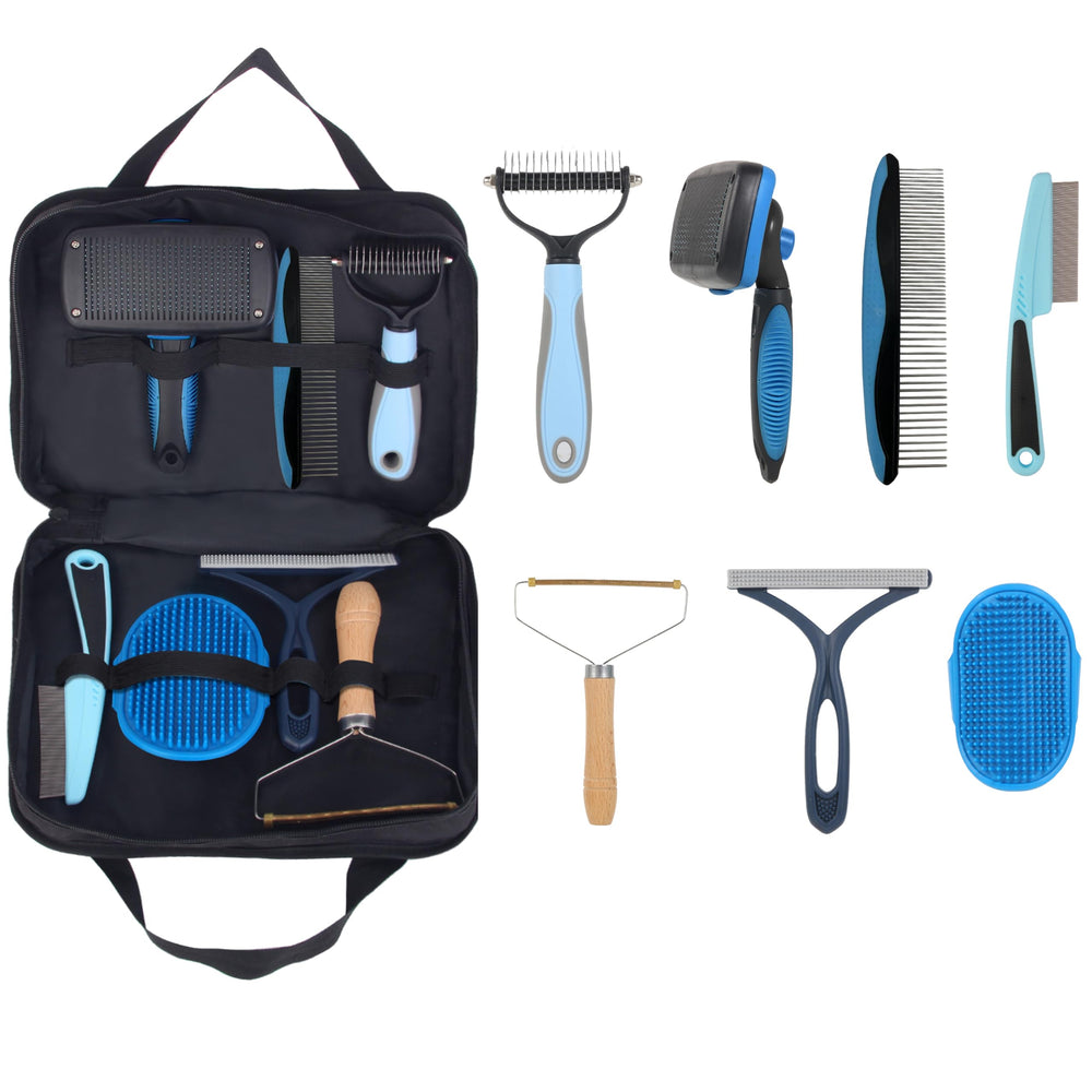 LYONGSMENT 7in1 pet deshedding tool set for efficient fur removal from coat and furniture.