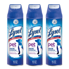 Lysol Pet Odor Eliminator Spray bottle neutralizes pet smells for a fresher room.