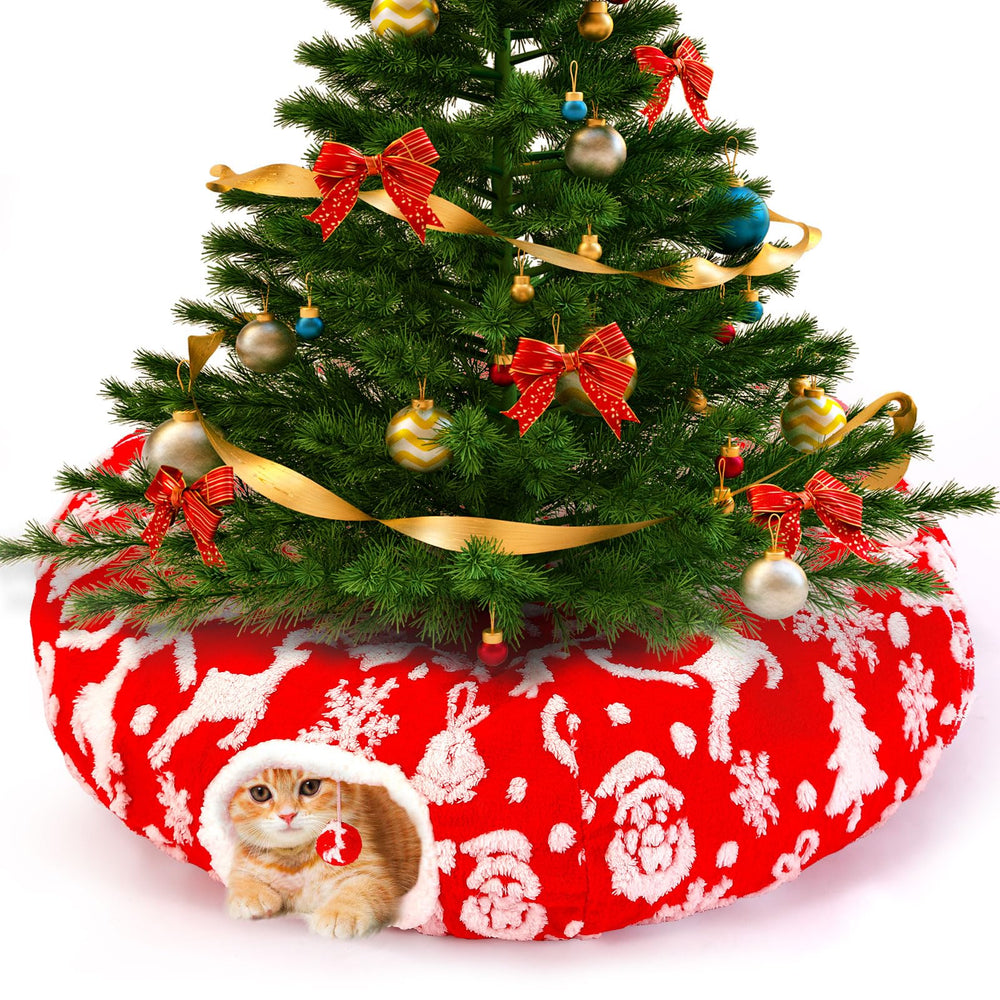 Maansfy cat tunnel bed Christmas tree skirt offers a cozy festive nap space for indoor cats.