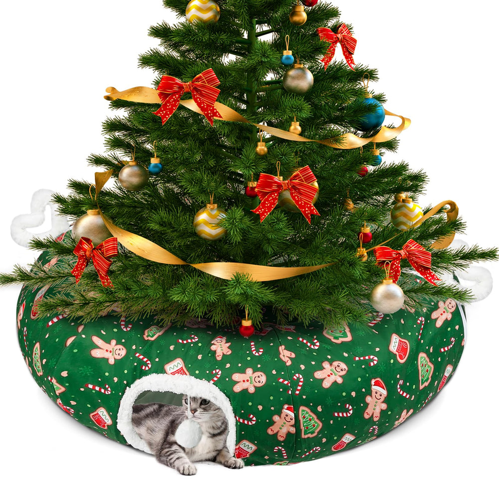 Maansfy cat tunnel bed green wide view showing cozy festive hideaway for indoor cats