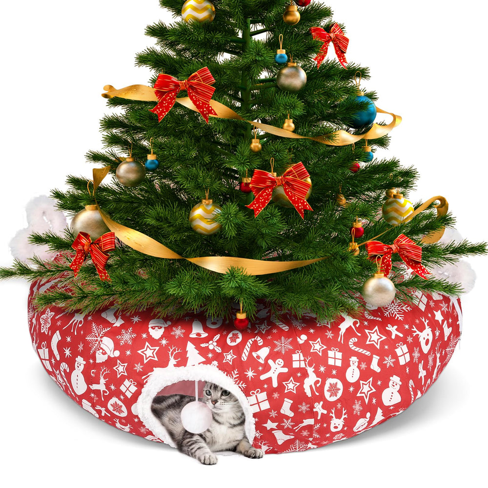 Maansfy Cat Tunnel Bed red front view showcases festive candy-cane design for cozy concealment.