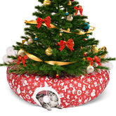 Maansfy Cat Tunnel Bed red front view showcases festive candy-cane design for cozy concealment.